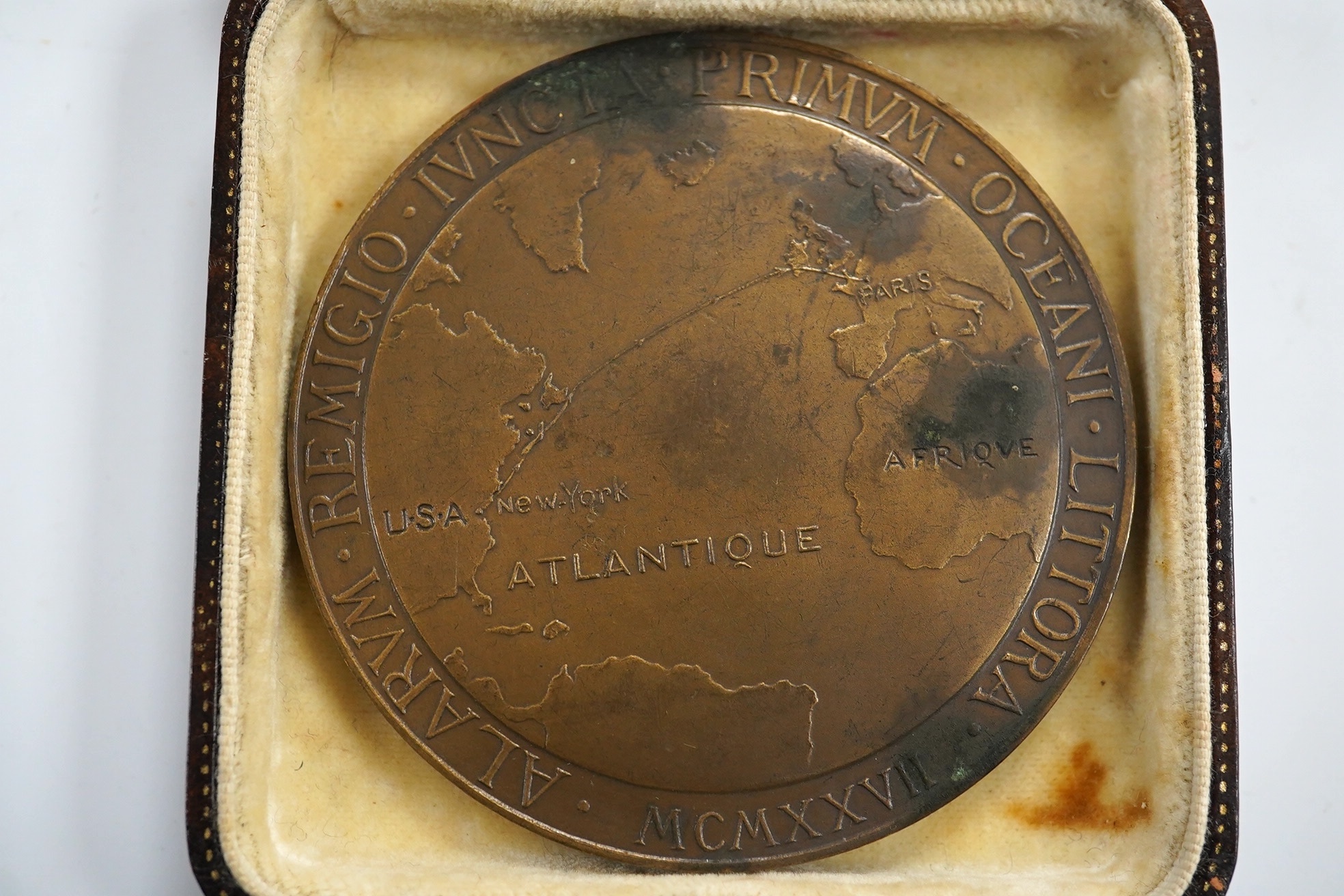 USA, Charles Lindbergh, 1927, a bronze medal by G. Prud'homme, bust right, rev. map showing the route of the trans-Atlantic flight, 68mm.